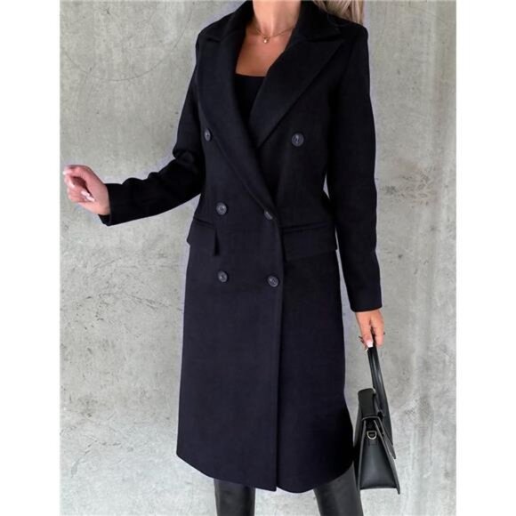 Womens Long Wool Coat Double Breasted Trench Coat Dark Blue - Picture 2 of 3